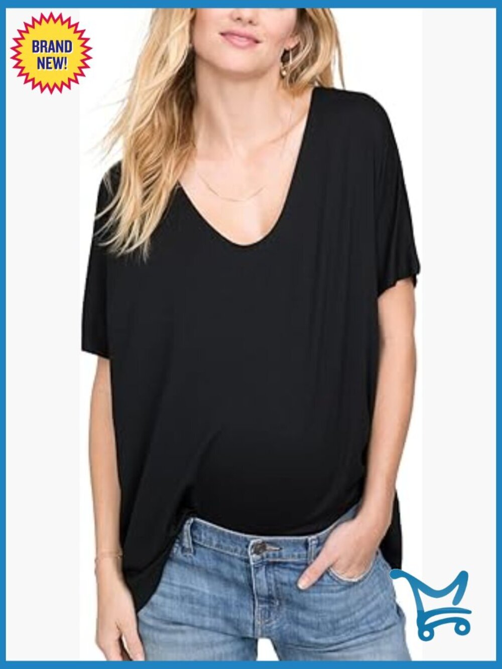 Maternity Loose Fit V-Neck Short Sleeve Tee, Soft Rayon Blend, Stretchy